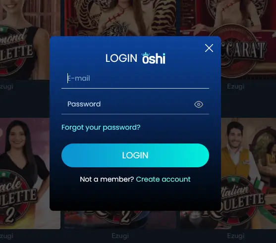 Oshi Casino login form with email, password and forgot password link