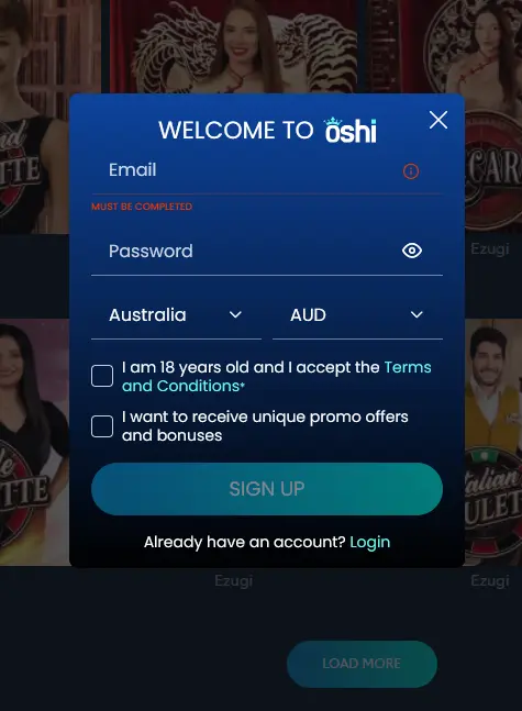 Oshi Casino registration form on mobile with Australia and AUD selected