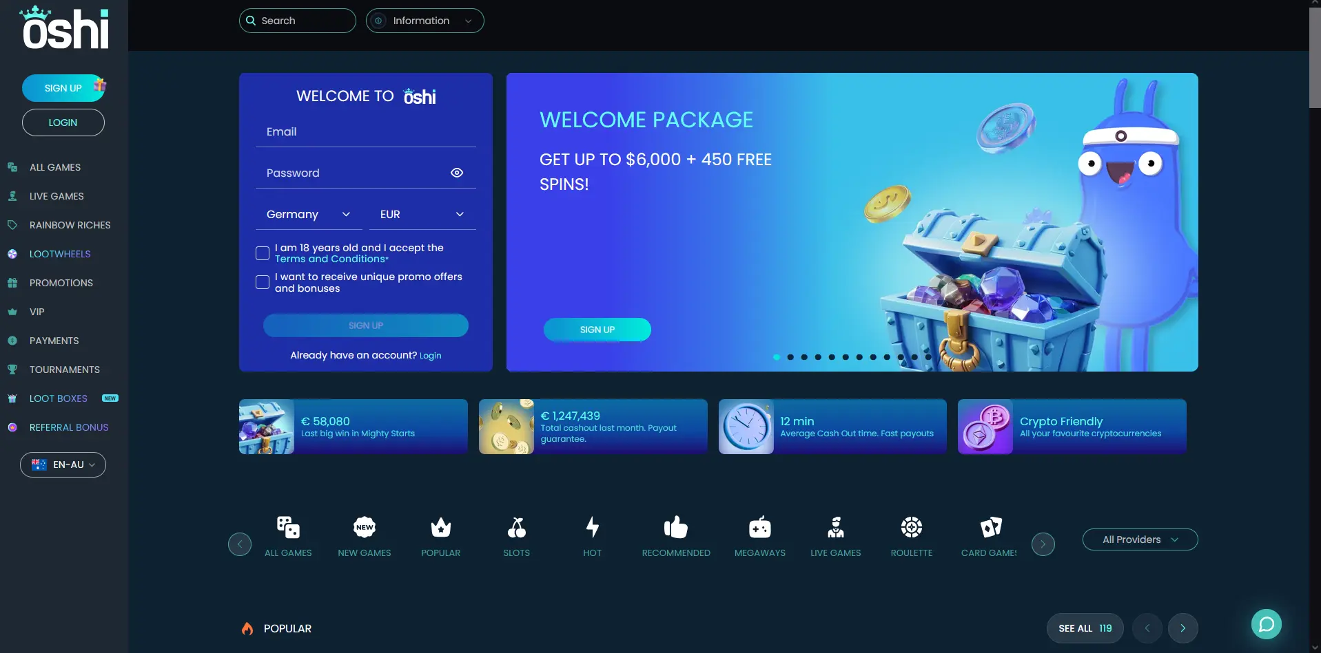 Oshi Casino desktop lobby with the left-hand menu for All Games, Live Games, Lootwheels, Promotions, VIP and Payments
