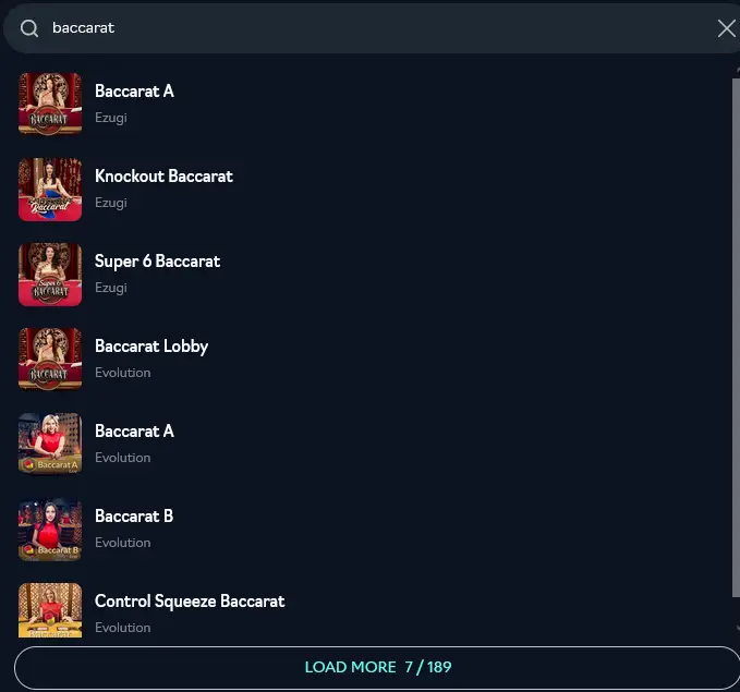 Live baccarat search results at Oshi Casino from Ezugi and Evolution