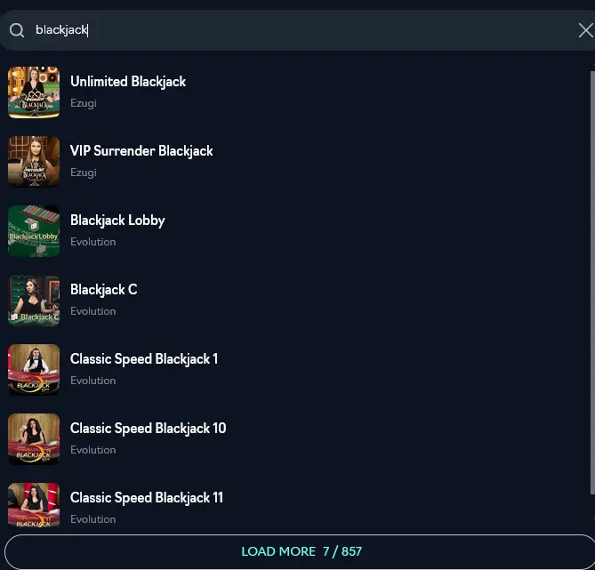Live blackjack search results at Oshi Casino: Unlimited Blackjack, VIP Surrender Blackjack and Classic Speed Blackjack