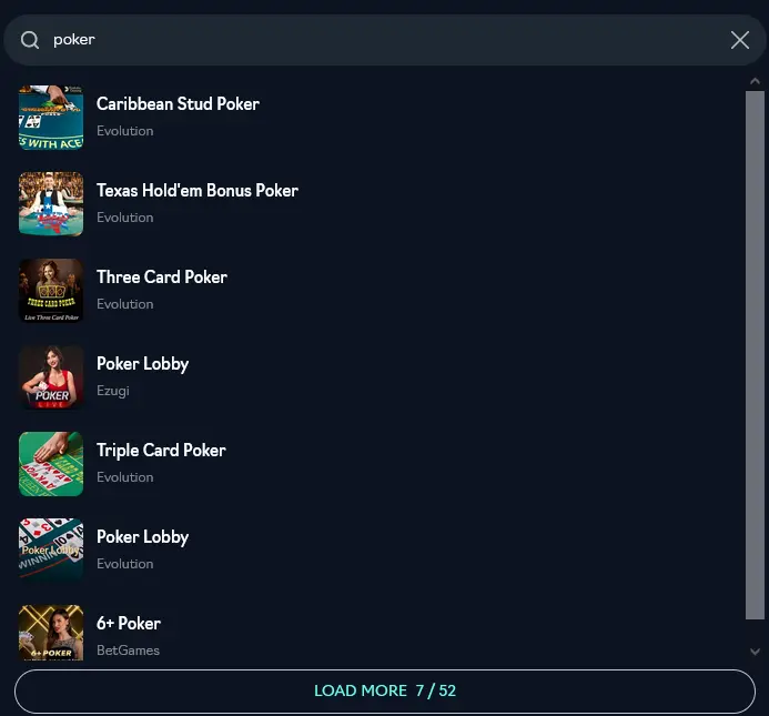 Live poker search results at Oshi Casino: Caribbean Stud Poker, Three Card Poker and Poker Lobby
