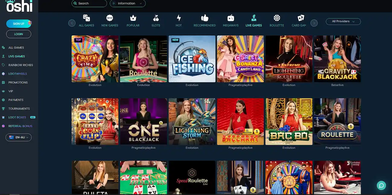 Oshi live casino lobby with Crazy Time, Lightning Roulette and Sweet Bonanza CandyLand, playable in a mobile browser